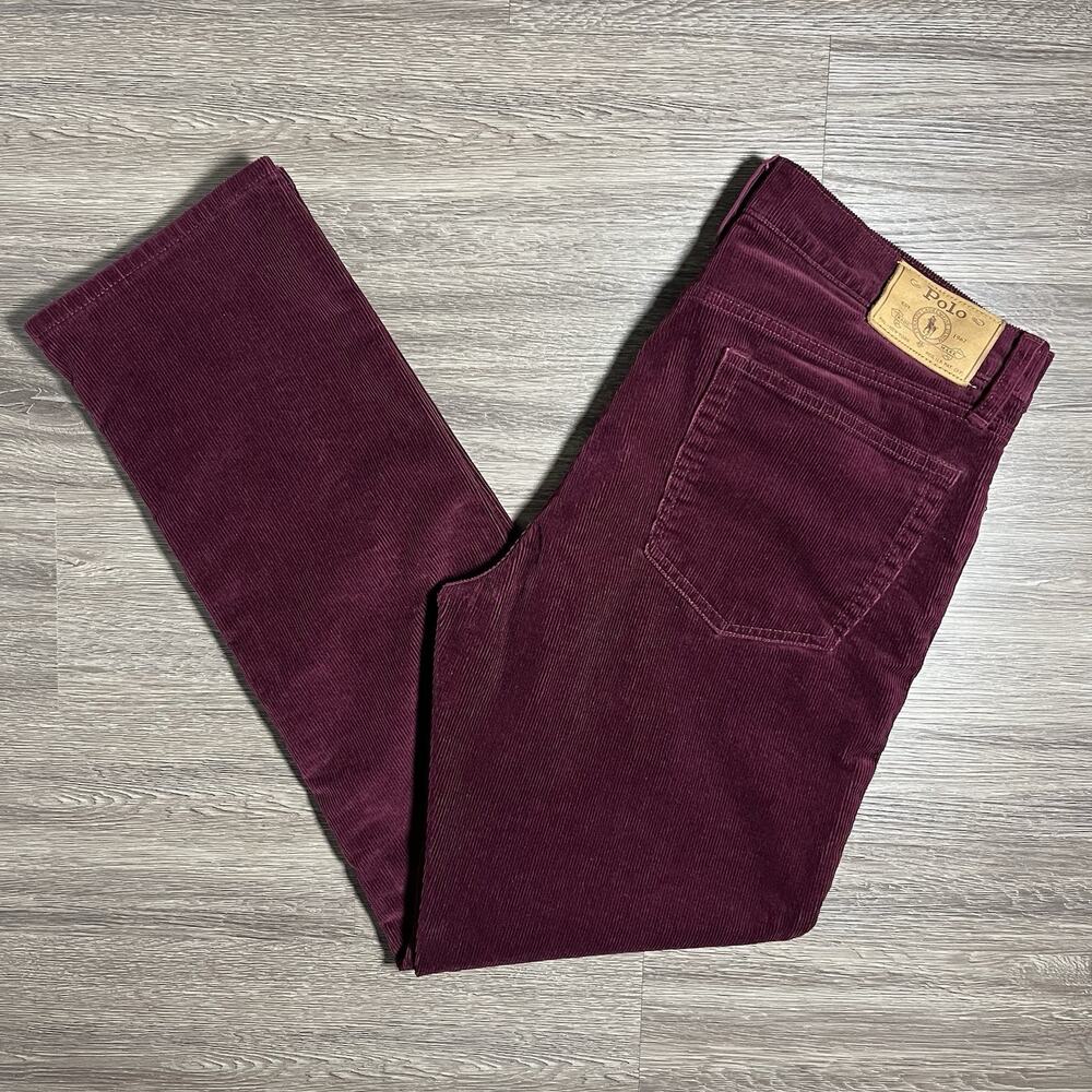 Polo Ralph Lauren Varick Slim Straight Corduroy Pants Mens 34x32 Maroon Pony EUC